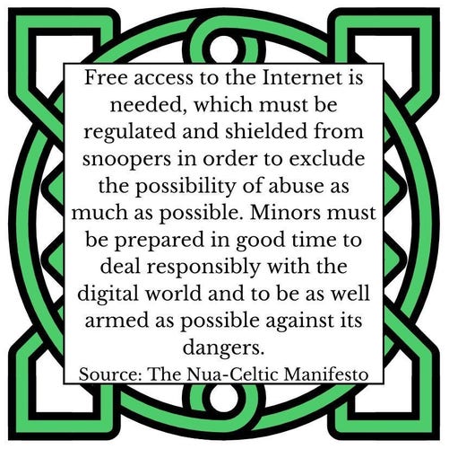 Free access to the Internet is needed, which must be regulated and shielded from snoopers in order to exclude the possibility of abuse as much as possible. Minors must be prepared in good time to deal responsibly with the digital world and to be as well armed as possible against its dangers.  Source: The Nua-Celtic Manifesto