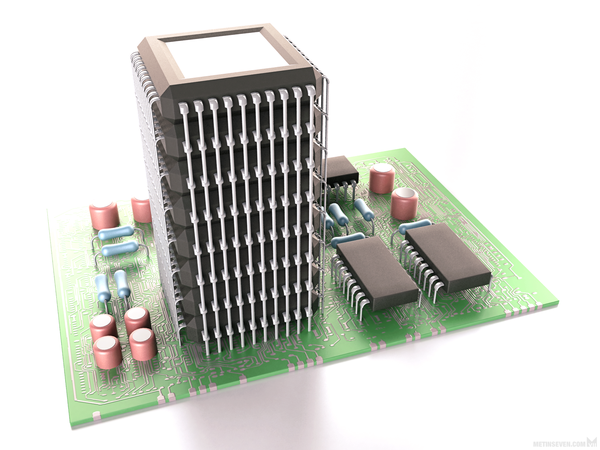 3D illustration, showing a motherboard-like circuit with chips and a tower of stacked CPUs.