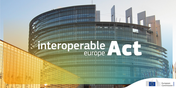 Photo of the EU Parliament building. Text says: Interoperable Europe Act.