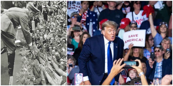 Two photos:
Left - A black and white photograph of Hitler leaning from the edge of a stage to greet the front row of an audience packed with thousands of excited supporters.
Right - Donald Trump greeting a massive group of enthusiastic supporters.