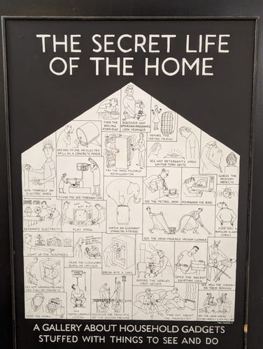 The secret life of the home. 
A poster with various line art cartoons by Tim Hunkin. 