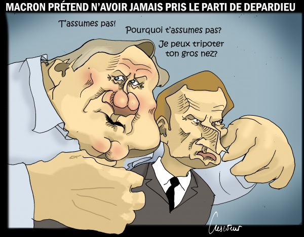 Caricatures de Depardieu et Macron. Depardieu enveloppe Macron par derrière. Il approche ses gros doigts du nez de Macron qui fait la moue. 
Depardieu: "T'assumes pas! Pourquoi t'assumes pas? Je peux tripoter ton gros nez?" 