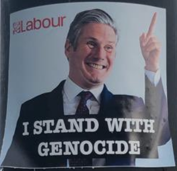 Found on the Internet, a sticker on a lamppost:
Labour logo top left and a picture of Keir Starmer captioned I STAND WITH GENOCIDE