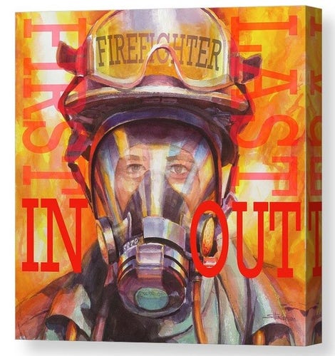 Canvas print of an original watercolor depicting a structure firefighter in full gear.