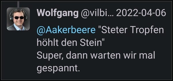 Wolfgang hat als ERSTER auf mein Posting am 06.04.2022 zu Jan Böhmermann reagiert

https://mastodon.social/@Aakerbeere/108085743887648981
