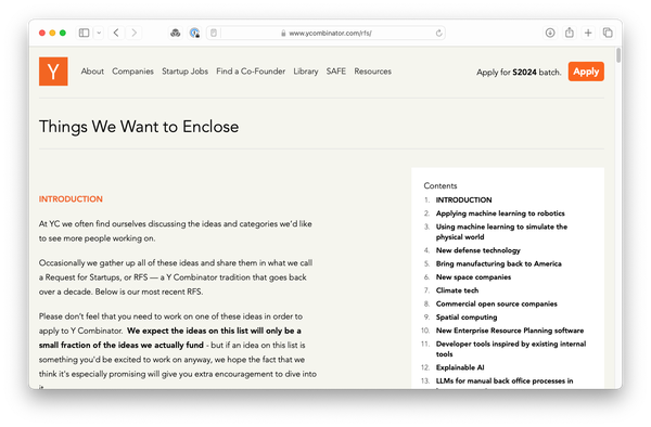 edited screenshot of y combinator’s request for startups page to read “Things We Want to Enclose”