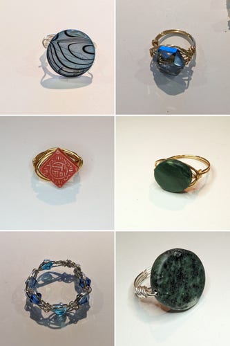 2 by 3 grid collage of wire wrapped rings. Top row shows a blue dyed round  shell ring and a sparkly faceted glass ring. 2nd row has a red  orange diamond shaped ring with an etched design and an African aventurine oval ring. The bottom row has a beaded all over ring and a round green marble ring 