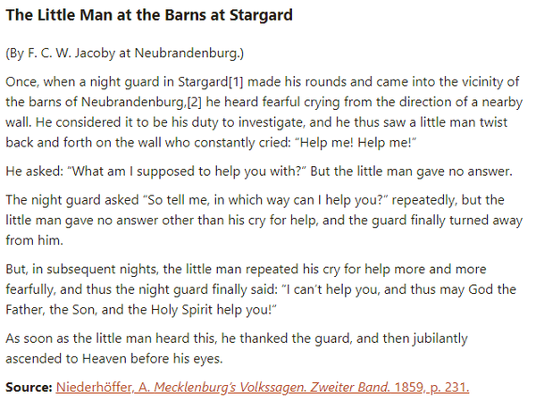 German folk tale "The Little Man at the Barns at Stargard". Drop me a line if you want a machine-readable transcript!