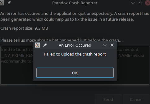 A screenshot of an error report that I couldn't report because the paradox crash reporter crashed.... INFINITE CRASHES!