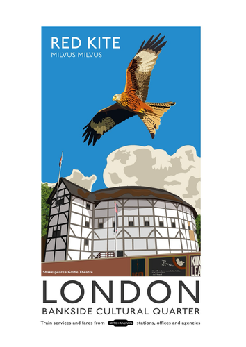 Poster depicting the Globe theatre in London with. Red kite flying overhead. 