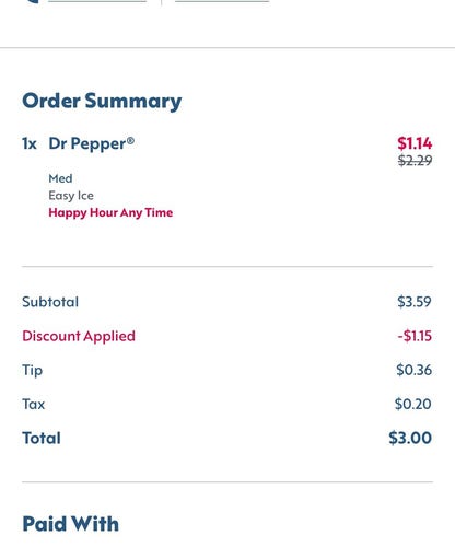 $2.29 discounted to $1.14. Subtotal $3.59 minus discount of $1.15 plus tip $0.36 plus tax $0.20 is $3.00. No explanation of how you get from $2.29 to $3.59 before the $1.15 discount.