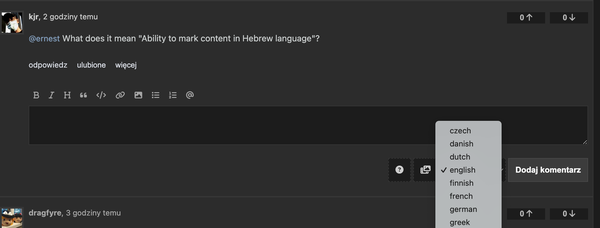 A screenshot of the new post creation form with the option to choose a language on the kbin platform.