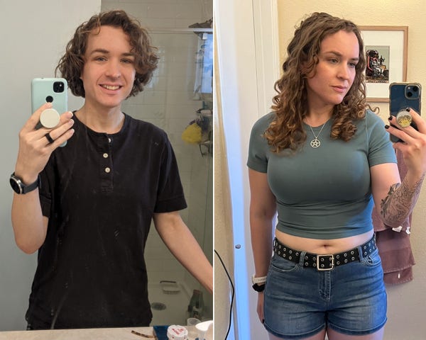 Left: me in December 2021 presenting masc looking thin

Right: me now, more femme and less thin 