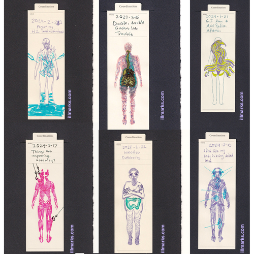 Collage of six different bookmarks, each printed on manila paper and labeled "Coordination" with a human outline. Ink has been added to each of them, conveying different long covid symptoms, including GI trouble, muscle pain, itchiness, burning, and others.