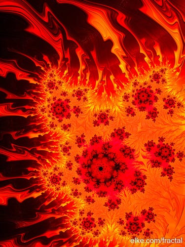 Abstract fractal art, hot burning fire with orange and red tones