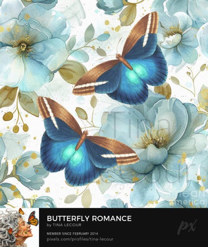 This is an image of two big beautiful blue butterflies against a blue and white floral botanical background. 