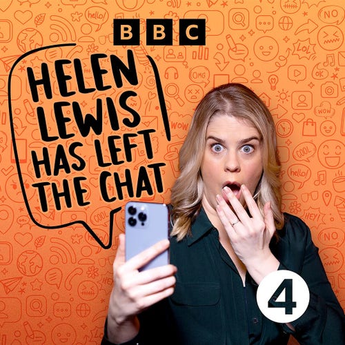 Graphic illustrating Helen Lewis's Radio 4 series about WhatsApp in UK politics. Lewis is posed with a mobile phone and her hand covering her mouth in shock, a comcbook speech bubble behind her and a background of emojis