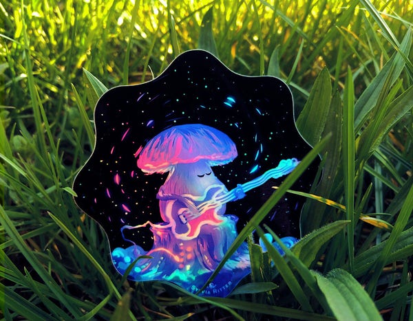 Holographic Sticker Version - Another band member of the fungy band, the bass player. Sitting on a tree trunk functioning as an amplifier. https://www.deviantart.com/sylviaritter/art/Speedpainting-22112021-898652084.