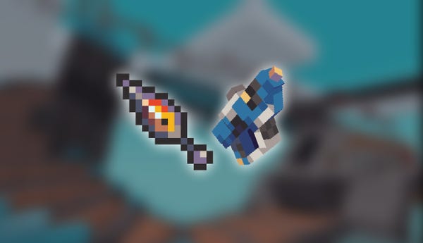 Pixel art di un kunai violetto sulla sinistra e una pistolina 3D a bassa risoluzione sulla destra, svettano al centro davanti a uno sfondo sfocato (lo sfondo rappresenta una delle mappe del server)
