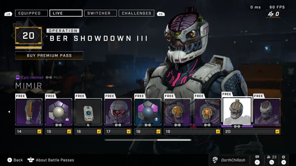 Video game interface showing an in-game character wearing futuristic armor and a helmet with neon highlights, alongside a selection menu for a battle pass with various free and premium items.