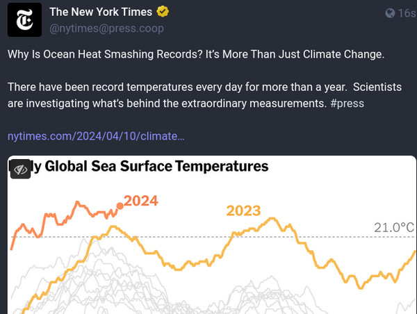 NY Times Headline:  Why Is Ocean Heat Smashing Records? It’s More Than Just Climate Change.

There have been record temperatures every day for more than a year.  Scientists are investigating what’s behind the extraordinary measurements.