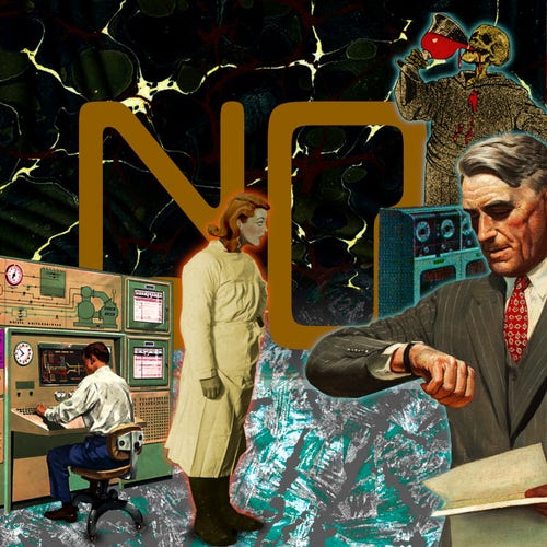 An existential plane extending to an abstract background. Scattered through the scene are mainframes and control panels, being worked by faceless figure. In the center stands a downcast MD in old-fashioned scrubs. In the foreground to the right is an impatient older man in a business suit, staring at his watch and brandishing a sheaf of papers. In the background left is a grim reaper figure raising a glass of blood in a toast, the blood spattering his robes. In the center background in large magnetic 'computer font' lettering is the word 'NO.'