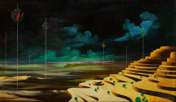 Painting of a surreal landscape with swirling brown steps leading up to the side of the canvas, with a cloudy dark green sky and barren sandy dessert in the background, along with colorful balls attached to thin sticks standing up throughout