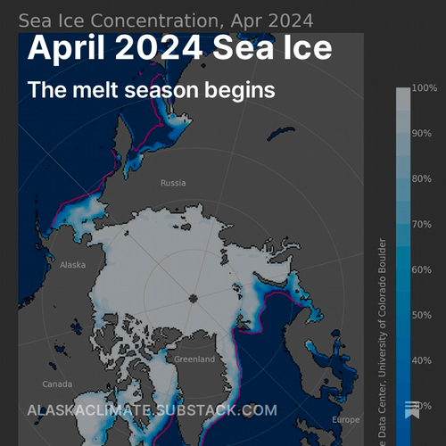 Splash screen for Alaska and Arctic Climate newsletter post about April 2024 sea ice. 