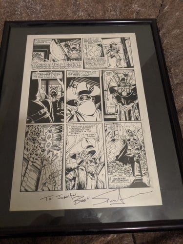 The original page art for the one-page Death’s Head story “High Noon Tex”, matted and framed.