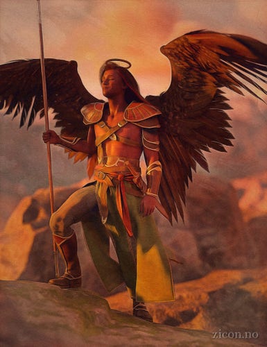 A dark-skinned man with a halo and brown wings closes his eyes as he lifts his face to the sun. He is wearing leather fantasy-style armour and carries a long staff. He appears to be standing high up on a mountain, we can just glimpse the landscape far down behind him.