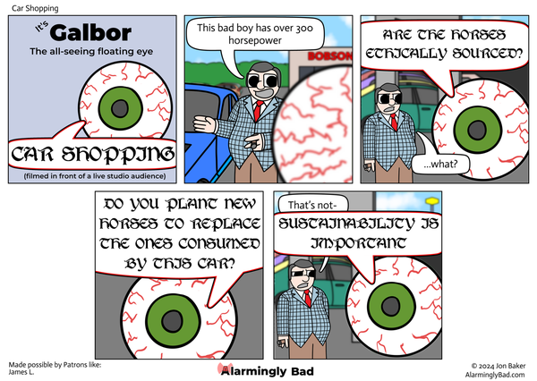 Alarmingly Bad webcomic where an eyeball goes car shopping