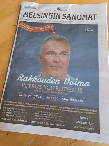Hesarin etusivu 28.4. mainostaa Petrus Schroderuksen Rakkauden voima-konserttia 5.10. Helsingin musiikkitalossa.
