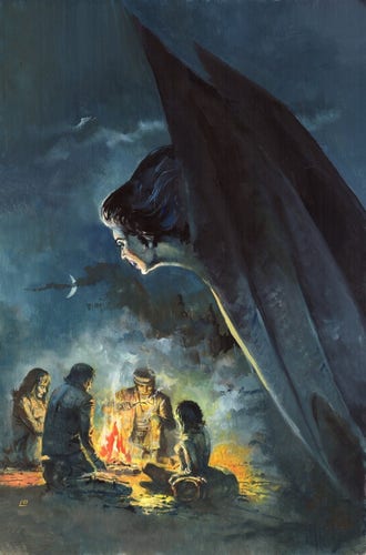 On a moonlit night, four campers around a fire are unaware of the approach of a lady with giant bat wings.
