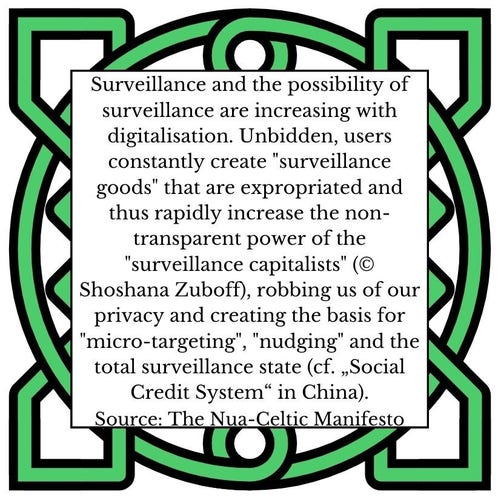 Surveillance and the possibility of surveillance are increasing with digitalisation. Unbidden, users constantly create "surveillance goods" that are expropriated and thus rapidly increase the non-transparent power of the "surveillance capitalists" (© Shoshana Zuboff), robbing us of our privacy and creating the basis for "micro-targeting", "nudging" and the total surveillance state (cf. „Social Credit System“ in China).  Source: The Nua-Celtic Manifesto