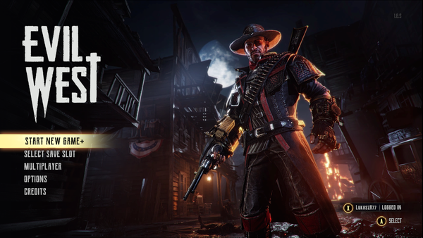 Zrzut ekranu głównego menu Evil West. Po lewej tytuł gry oraz opcje do wyboru, po prawej bohater gry Jesse Rentier na tle westernowego miasteczka.