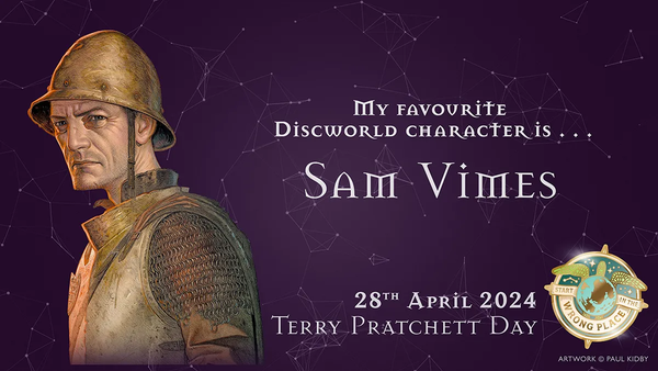 An image which reads "My favourite Discworld character is Sam Vimes", "28th April 2024 Terry Pratchett Day". It features an illustration of Sam Vimes wearing his watch armour.
