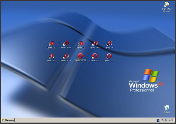 Petite collection de 10 anciennes versions du navigateur Opera, installées dans un Windows XP virtualboxé