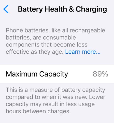 Battery maximum capacity 89%