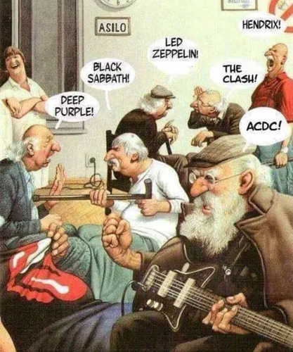 Pic of what appears to be a LTC common room with a bunch of geezers yelling the band names - Deep Purple, Black Sabbath, Led Zeppelin, The Clash, Hendrix, ACDC - at each other with a nurse laughing in the background.