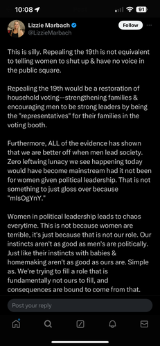 GOP woman advocating that women should not be allowed to vote, & should leave the political stuff to men.