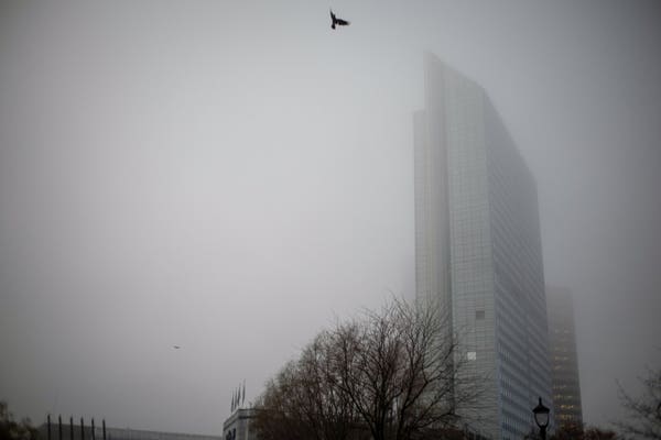 A high rise building on a foggy day. And a bird in flight.
