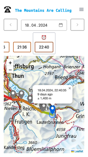 Webapp. "The Mountains Are Calling" as title bar. Date picker on next row. Time picker on next row. Rest of the screen is filled with a map that shows colorful line with grey markers. One marker is blue and there is a popup bubble going from it. It shows date, relative date and accuracy in meters.