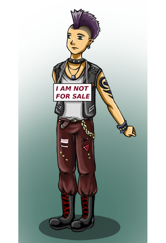 Cartoon style drawing of a young man wearing punk style leather vest and dark brown trousers, both with many pins. He has also choker and pendant on his neck, earring in his ear and dark blue abstract tattoo on his left arm. He has big white label on his chest, with big text "I AM NOT FOR SALE".