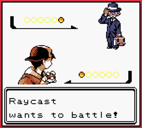 A Pokemon battle from the Game Boy Color, showing a man in a red backwards cap fighting a man in a suit and hat. It says Raycast wants to battle.