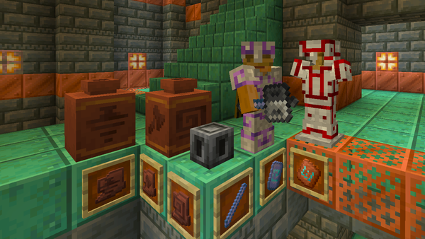 The new 1.21 features from this snapshot showcased in a trial chamber.

Left: New pottery sherds, both in items and on pots.

Center: The new breeze rod and heavy core.

Right: a player holding a mace and wearing an amethyst-trimmed iron armor using the new Flow armor trim, and an armor stand with iron armor redstone-trimmed with the Bolt armor trim. The corresponding smithing template items are below the player and armor stand in item frames.