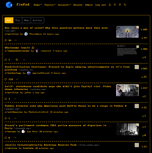 A screenshot of PieFed. All the text is monospaced with an amber colour on a near-black background.