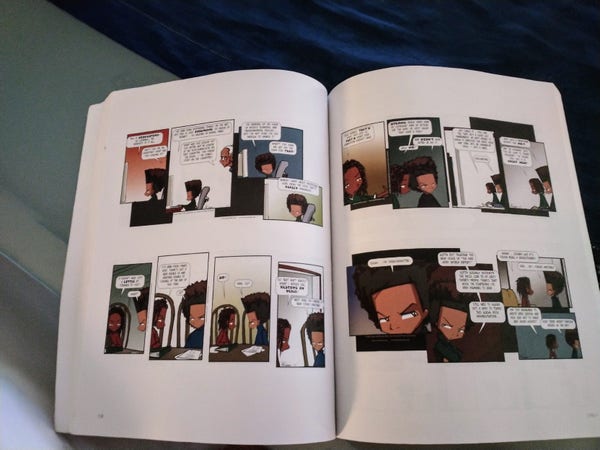 Open book 
Shows a comic strip of The Boondocks