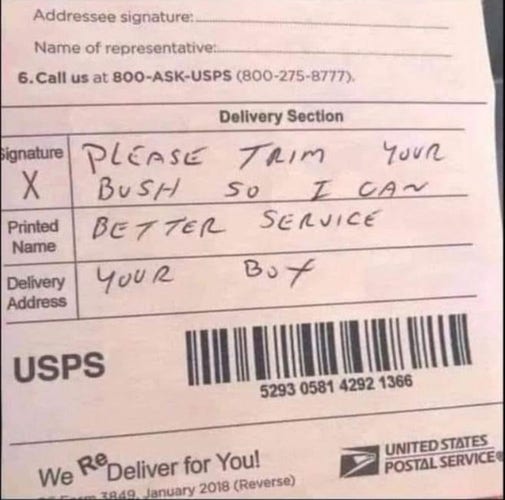 Written message from USPS that reads "Please trim your bush so I can better service your box."