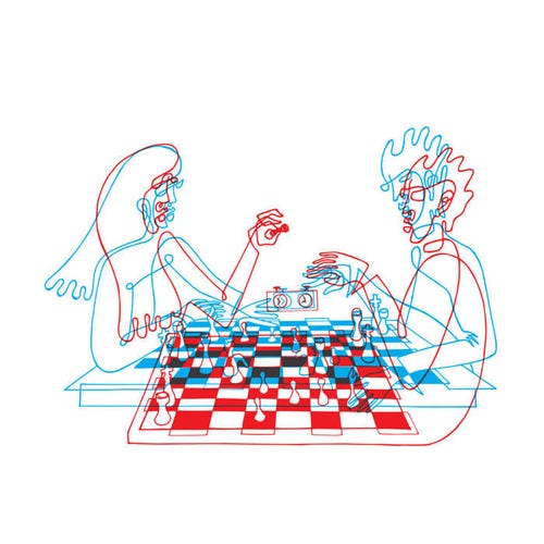 A line drawing illustration of a woman and a man playing chess. The drawing is separated into two layers of red and blue lines, creating a 3D-like effect.