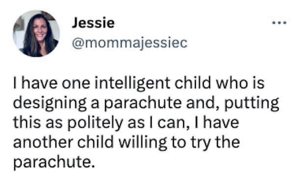 Jessie @mommajessiec ••• I have one intelligent child who is designing a parachute and, putting this as politely as I can, I have another child willing to try the parachute.